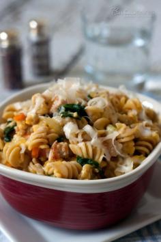 Rotini Pasta in a Creamy Butternut Sauce with Chicken Sausage and Baby Spinach Recipe from Barbara Bakes