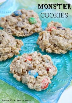 Monster Cookies~ peanut butter, oatmeal, chocolate chips AND M&M&#x27;s- all in one delicious cookie! Butter With A Side of Bread #recipe #cookies
