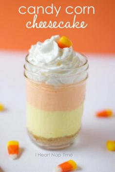 Candy corn cheesecakes in a jar with FREE printable. These are delicious! iheartnaptime.net #Halloween #desserts