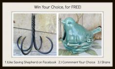 SavingShepherd's "FIRST 500 FACEBOOK FRIENDS" GIVEAWAY CONTEST ~ Your choice from 2 prizes ~ No strings attached! ~ No Cost ~ No Handling ~ No shipping ~ 1. Like/Follow Saving Shepherd 's Facebook Page ~ 2. Share this post 3. Comment on your choice of prize. (MUST DO ALL THREE) a vintage wrought iron herb drying hook or a distressed pottery bluebird feeder Winner will be randomly picked as soon as 500 Page Likes are reached www.facebook.com/...