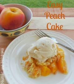 Peach dump cake with vanilla ice cream and bowl of peaches