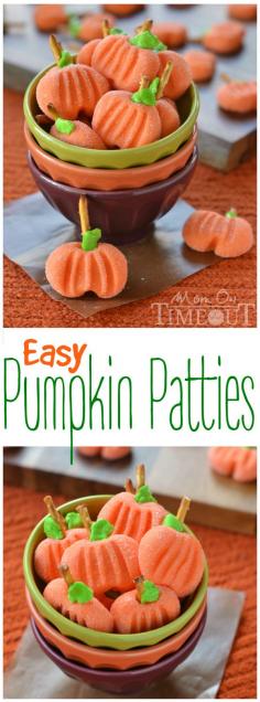 Delightfully easy Pumpkin Patties are the perfect no-bake treat to celebrate the season with. The cute factor here is off the charts! | MomOnTimeout.com | #recipe #pumpkin #candy #halloween #Thanksgiving #Fall