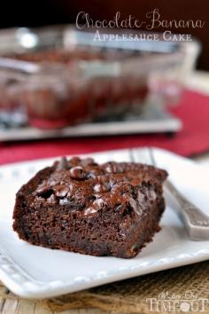 This one-bowl Chocolate Banana Applesauce Cake is made without oil or butter and is perfect for snacking! | MomOnTimeout.com | #chocolate #cake #dessert #recipe