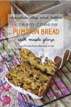 chocolate chip and toffee cream cheese pumpkin bread with maple glaze