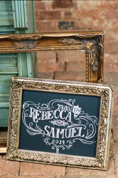 chalkboard wedding sign in vintage frames, photo by White Rabbit Studios ruffledblog.com/... #weddingideas #weddingsigns