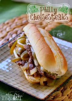 Take the stress out of dinner time with these Slow Cooker Philly Cheesesteaks!  A delicious meal that is so easy to make any night of the week! | MomOnTimeout.com | #recipe #dinner #cheese #slowcooker #crockpot