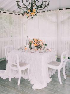 white and peach wedding inspiration, photo by Rachel May Photography ruffledblog.com/... #weddingideas #tablescape