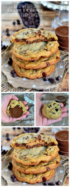 Reese's Stuffed Giant, Chewy Chocolate Chip Cookies | MomOnTimeout.com | #cookie #dessert #recipe #chocolate