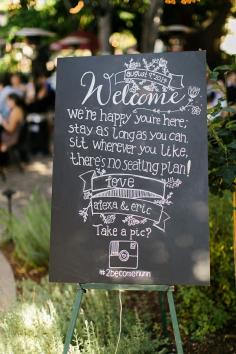 chalkboard welcome sign, photo by Danielle Poff Photography ruffledblog.com/... #weddingsign #signage #signs