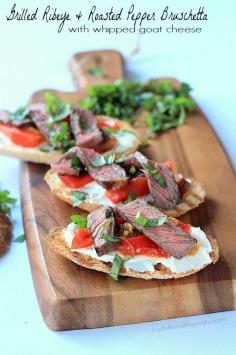 Grilled Ribeye & Roasted Pepper Bruschetta with Whipped Goat Cheese, the ultimate mouth watering appetizer! | www.joyfulhealthy...