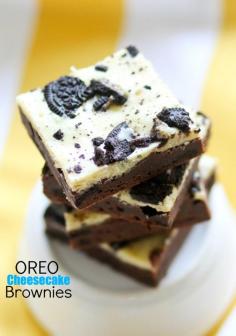 These Oreo Cheesecake Brownies are a chocolate lover's dream! Fudgy homemade brownies are topped with creamy cheesecake and full of cookie pieces.