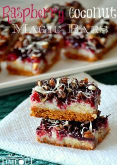 Raspberry Coconut Magic Bars - A delicious bar for the coconut lover in your life!  | MomOnTimeout.com | #coconut #magicbar #bar #dessert #recipe
