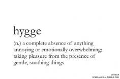 hygge (n.; Danish): the coziness you feel from being around friends, family and great food in a warm environment; all the aspects of coziness rolled into one.