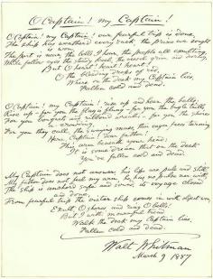 A 1887 handwritten draft of Whitman’s 1865 poem “O Captain! My Captain!