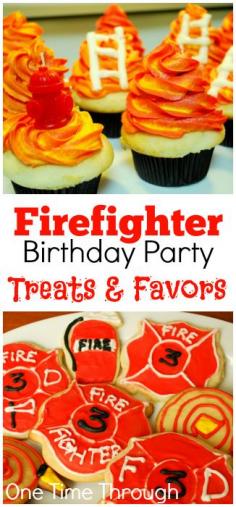 Awesome FireFighter themed TREATS! Perfect for Birthday Parties and celebrating National Fire Prevention Week (Oct 5-11, 2014, US) Cookies, Cupcakes and Favour Ideas! {One Time Through} #kids #birthdays #firefighters #cupcakes #cookies