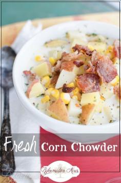 
                        
                            Fresh sweet corn from the cob, creamy whole milk, potatoes, onion, and salty bacon make this corn chowder a great fall soup to kick off the season.
                        
                    