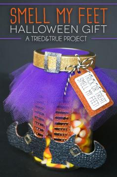 Add tulle and paper embellishments to a mason jar to make this super cute "Smell My Feet" Halloween Gift! Can be fill with small toys, washi tape, or candy to customize for any recipient. Makes a perfect teacher's gift as well!