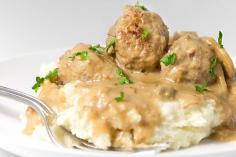 Meatballs simmered in a mushroom cream sauce served over creamy mashed potatoes. It doesn't get more comforting then this.