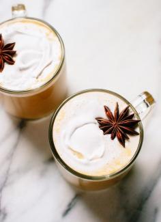 Creamy pumpkin spice chai lattes made with real ingredients (only 90 calories!) - cookieandkate.com