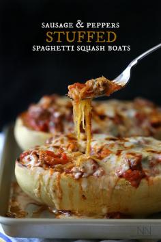 Sausage and Peppers Stuffed Spaghetti Squash by Nutmeg Nanny