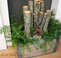 Natural front porch decor idea using vintage crate, logs, greenery and pinecones… add branch lights for a little shine! Read more pinnoea.pw/...