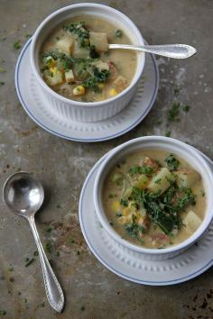 Creamy Potato Chowder with Bacon, Corn and Kale from @Heather Christo