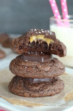 Chewy brownie cookies topped with a salted caramel chocolate candy bar.  These are so good!