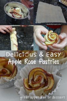 Apple Rose Pastries! Make flowers with apples! With very simple and very few ingredients and easy prep for most any situation to make a lovely, tasty dessert or appetizer.  Can be made with rehydrated dehydrated apples too!