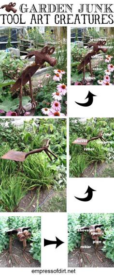 
                        
                            Garden Junk Tool Art Creatures made from rusty, old metal tools including hammers, rakes, and shovels at empressofdirt.net
                        
                    
