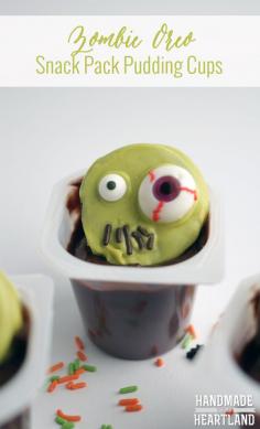These Zombie Halloween Pudding cups are the perfect Halloween snack! Scary and cute! #Snackpackmixins #cbias #shop HandmdeintheHeart...