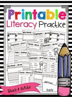 
                    
                        Printable Literacy Practice, blends, chunks, endings, writing, scrambled sentences, sequencing, parts of speech
                    
                