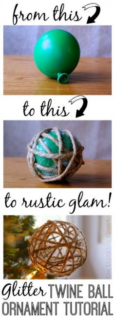 DIY Glitter Twine Ball Ornament Tutorial | Start with a balloon and some twine and end up with a Glitter Twine Ball Ornament!  So easy! this year, I thought it’d be fun to create some Glitter Twine Ball Ornaments to compliment our Tree Topper.  And just because it’s “rustic” doesn’t mean it can’t be “glam.”  In fact, I hereby dub my holiday decor style, “rustic glam.” Find the full tutorial here!