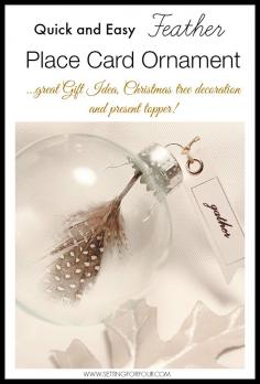 
                    
                        Make these easy DIY Feather Place Card Ornaments for your tablescapes or Christmas tree decor! | www.settingforfou...
                    
                