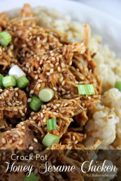 
                    
                        This sesame chicken is slowly cooked in a delicious sweet and savory sauce that makes the chicken incredibly tender. It shreds up so nicely! Serve it over a bed of rice garnished with green onion and sesame seeds. | Bakerette.com #Asian #chicken #crockpot
                    
                