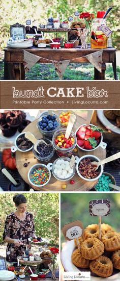 
                    
                        A Beautiful Outdoor Decorate Your Own Mini Bundt Cake Bar Party. Whether you're throwing a backyard bash or decorating a dessert table, these party ideas and free party printables will impress your guests! See more at LivingLocurto.com
                    
                