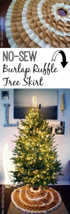 
                    
                        Gorgeous No-Sew Ruffle Burlap Christmas Tree Skirt.  Just grab that glue gun and go! | The Thinking Closet
                    
                