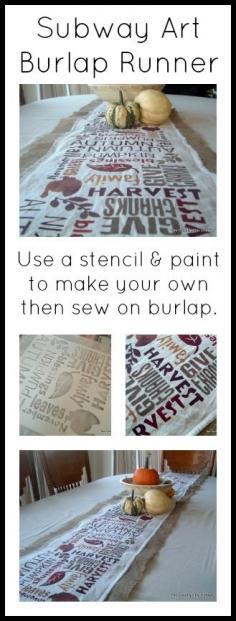 Subway Art Burlap Table Runner -- make with a stencil and some paint!