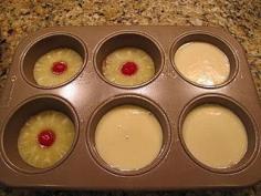 
                    
                        Mini pineapple upside down cakes. Super easy! I didn't have any cherries, so just used pineapple, and I chopped mine up. Overfilled my muffin tins a bit, so my cake was a tad dry. Only one muffin got stuck, rest came right out. Not as sticky/heavy as regular pineapple upside down cakes, and good for lunch packing!
                    
                