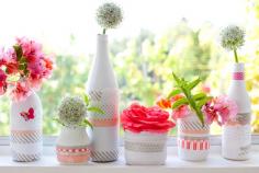 
                        
                            flowers in spray painted jars with japanese masking tape
                        
                    
