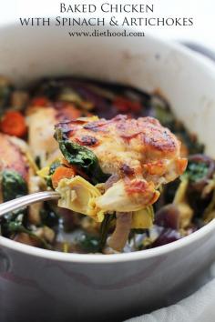 
                        
                            Baked Chicken with Spinach and Artichokes - Chicken, spinach and artichokes come together in this delicious, one-pot recipe.
                        
                    
