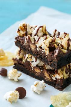 Loaded Junk Food Brownies with potato chips, kettle corn, and peanut butter cups.