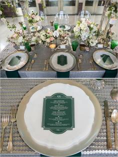 
                    
                        Vintage silver art deco table settings matched with silver and green stemware make this table look oh so elegant.  #weddingchicks
                    
                