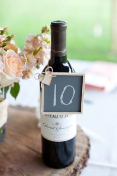 
                    
                        chalkboard table number hanging on a bottle wine #lovethisidea #tablenumber #chalkboards www.weddingchicks...
                    
                