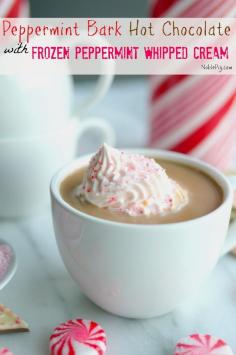 
                    
                        Peppermint Bark Hot Chocolate with Frozen Peppermint Whipped Cream from NoblePig.com. By freezing the whipped cream, it won't instantly melt = happy kids. You can easily make this an adult beverage too.
                    
                