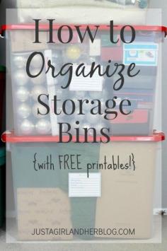 
                    
                        I am so using this system to organize all of those bins in the garage! Her free printables are super cute too! | JustAGirlAndHerBl...
                    
                