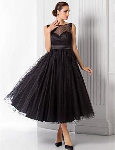 
                    
                        A-line/Princess Bateau Tea-length Tulle Evening Dress
                    
                