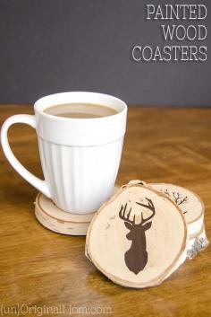 
                    
                        DIY Painted Wood Slice Coasters - cut a vinyl stencil or buy a pre-made one from the craft store for these easy and personal handmade gifts.  This would be a great gift for guys!
                    
                