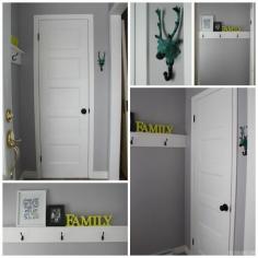 
                    
                        Check out this amazing entryway makeover - a new door, paint, and DIY hooks/shelf makes it look like a totally new space.
                    
                