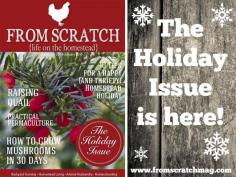 
                    
                        The Holiday Issue of From Scratch Magazine has arrived! Check out how to have a fun and thrifty holiday on the homestead as well as lots of winter gardening tips, how to grow mushrooms in 30 days and raising quail.
                    
                