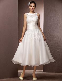 
                    
                        Wedding Dress A Line Tea Length Organza Sweetheart Bateau With Sashes and Appliques
                    
                
